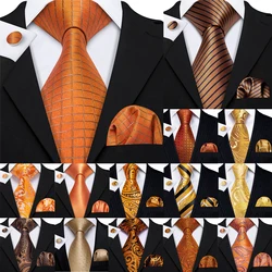 Barry.Wang Orange Brown Silk Mens Tie Hanky gemelli Set Gold Coffee Jacquard Designer Necktie per la festa d'affari di nozze maschile