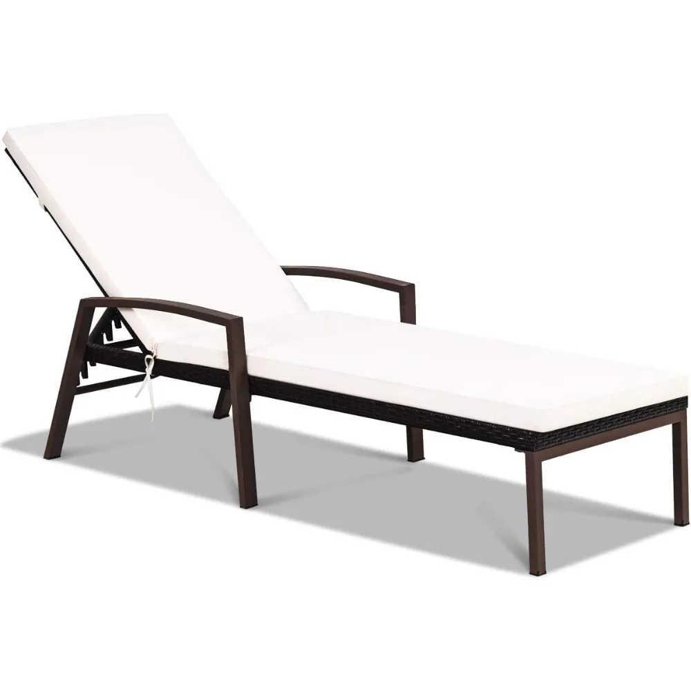 

Patio Rattan Lounge Chair, Outdoor Reclining Chaise Lounge with Cushion and Armrest, Wicker Sun Lounger with Adjustable Backres