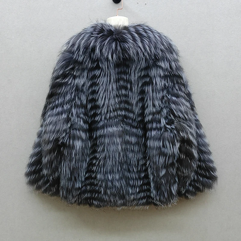 Damenmantel aus 100 % echtem Fuchspelz, gestreifter Fuchspelzmantel, Reverskragen, Echtledermantel, Jacke aus natürlichem, neuem Fuchspelz – Detail 4