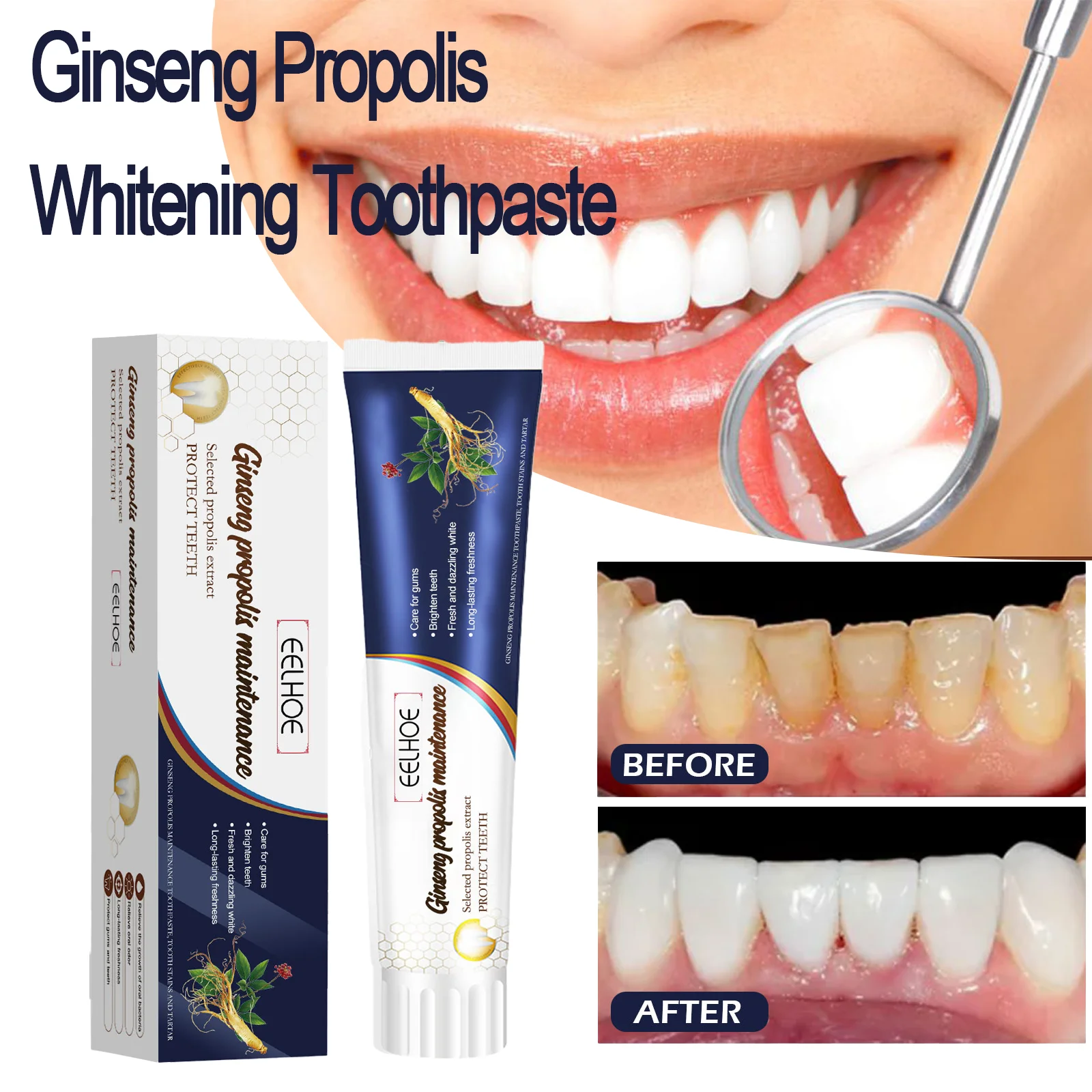 

EELHOE Женьшень Прополис Отбеливающая зубная паста Натуральные безопасные ингредиенты Быстро устранение неприятного запаха изо рта Удаление налета Женьшень 100 г