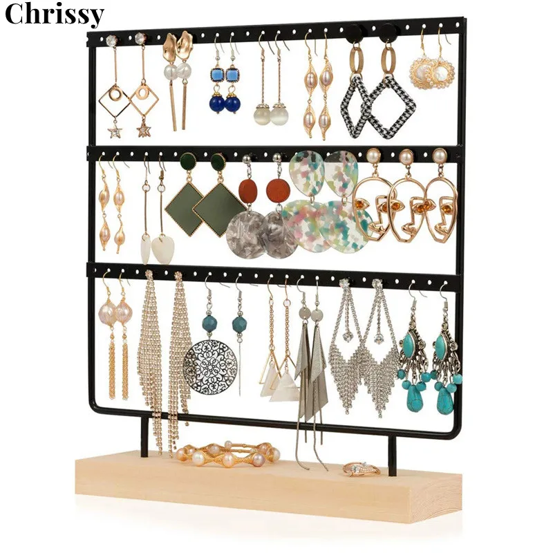 Earring Organizer 3-Tier 69 Holes Jewelry Organizer Display Stand,Metal Earring Holder with Wood Basic stand,Necklace holder