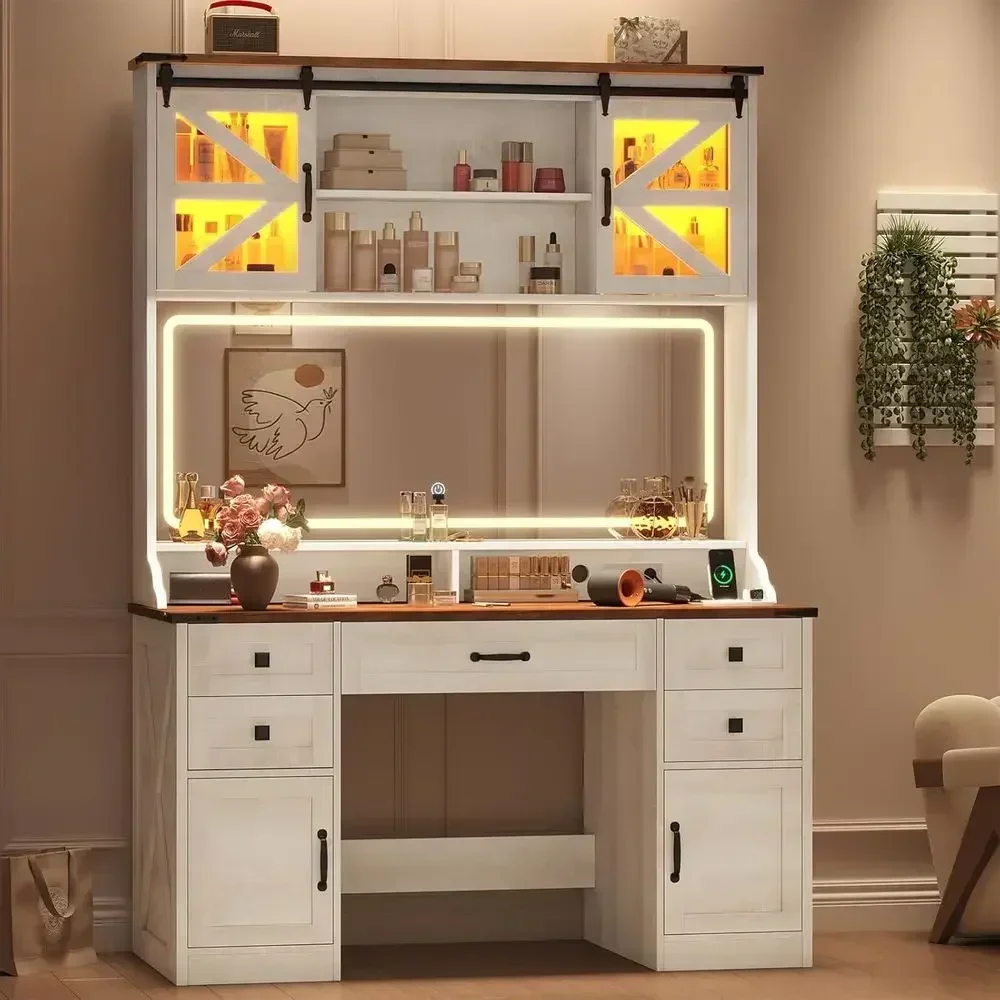 72 Large LED Vanity Desk with Sliding RGB Cabinet, Makeup Table with Charging Station & 5 Drawers, Storage Shelves