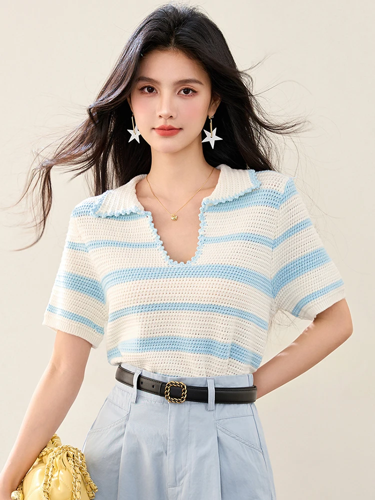 Zomer nieuwe Koreaanse gestreepte T-shirts met korte mouwen Trui Design Sense Niche Casual mode POLO Shirt Tee Office Lady Top
