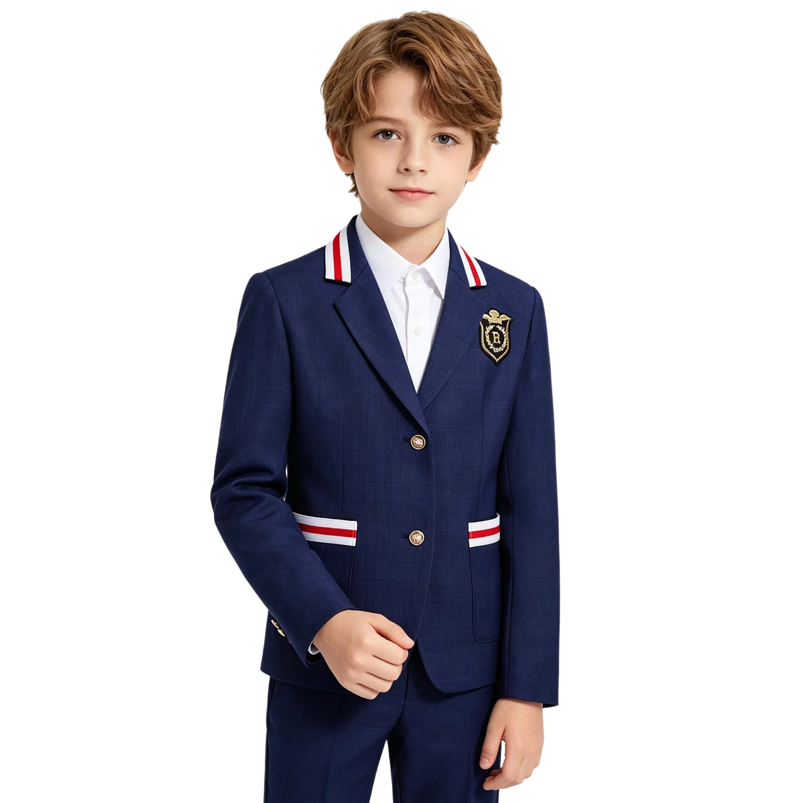 Boys Girls School Blazer Long Sleeve Lapel Jacket Striped Trim Badge Decor Children Academy School Uniform Performance Outfit
