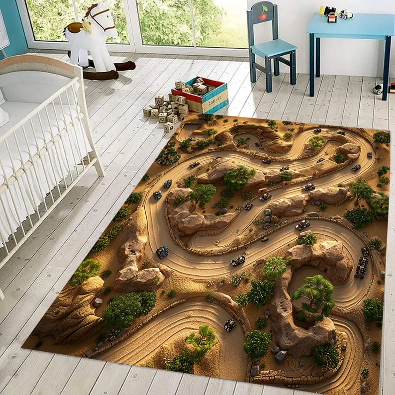 Racetrack Rug Traffic Rug 3D Race Track Car Play Mat Kids Room Mat Road Rug Track Rugs Baby Room RugMat with Non-Slip Base
