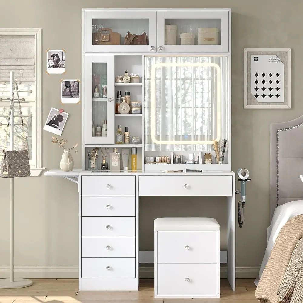 

72 LED Mirror Vanity Desk with 6 Drawers, Charging Station, 2 Cabinets & 3 Shelves, White Glass Top with Stool