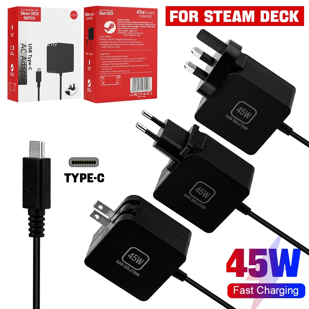 45-W-Schnellladegerät mit EU/US/UK-Stecker für Steam Deck/Switch-Spielkonsole, Standardstecker, Stromversorgung für US/EU-Stecker, Zubehör
