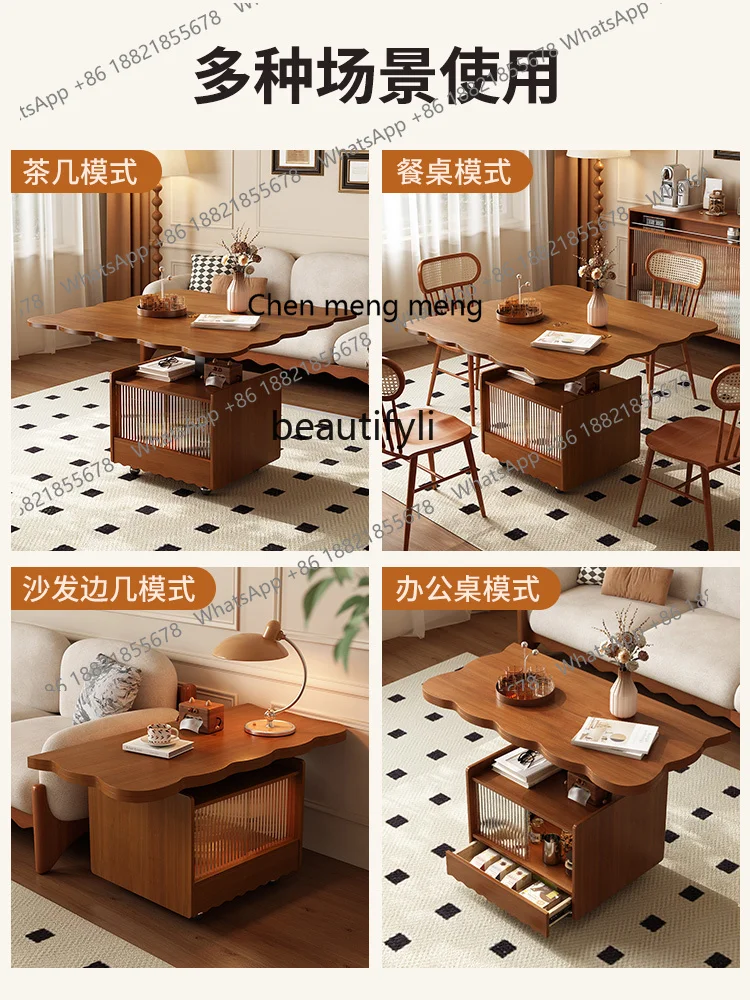 X French Solid Wood Foldable and Hoisting Coffee Table Dual-Use Small Apartment Living Room Movable Side Table Vintage Lace