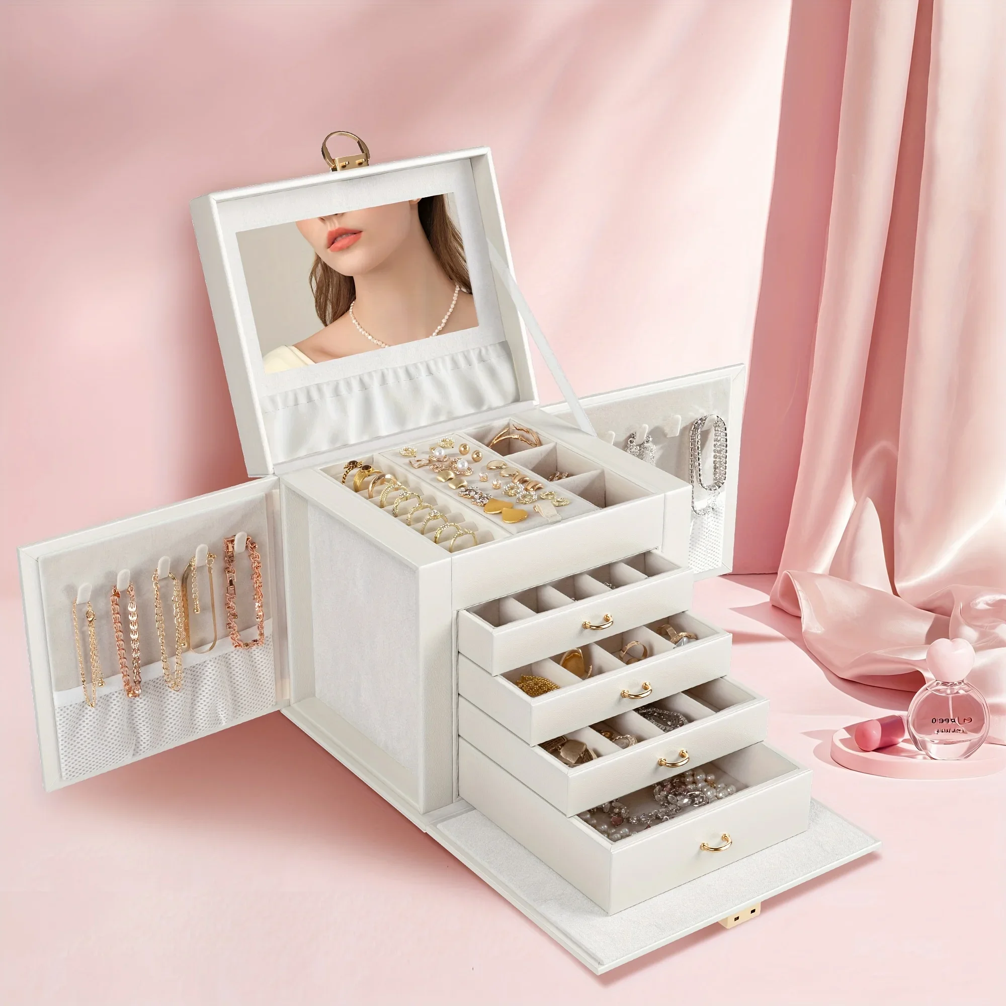 5-Tier Jewelry Case Large Secure Jewelry Organizer for Storing Necklaces, Rings, Earrings, Bracelets, And Watches, Versatile