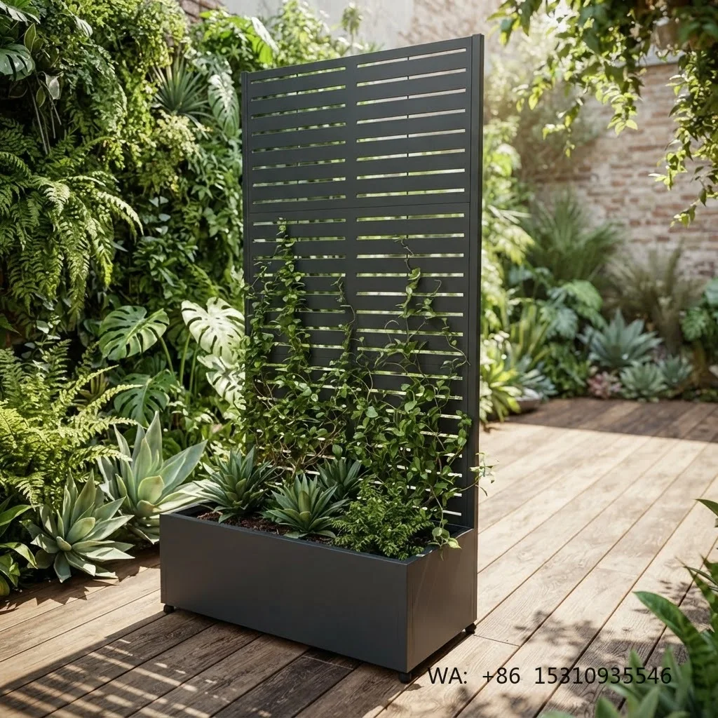 Mobile Metal Planter Box with Trellis and Wheels Outdoor Raised Garden Bed with Drainage Privacy Screen