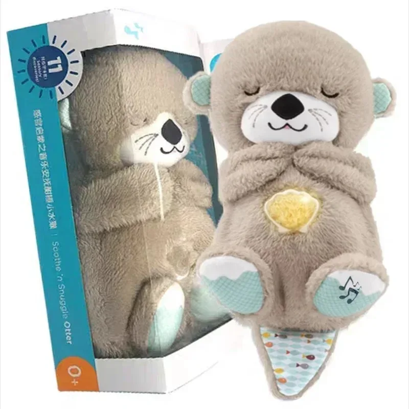 Baby Breathing Bear Baby Soothing Otter Plush Doll Toy Baby Kids Soothing Music Sleeping Companion Sound and Light Doll Toy Gift