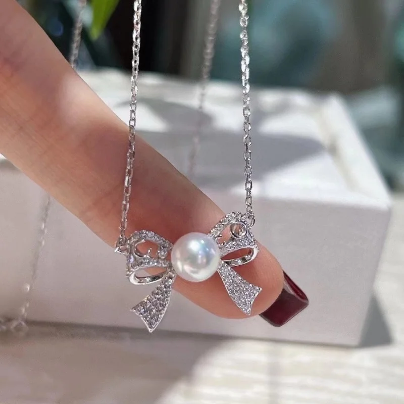 

SGARIT Bow Knot Pendant Necklaces 925 Sterling Silver Ladies Natural Freshwater Pearl Women Clavicle Chain Jewelry Gifts