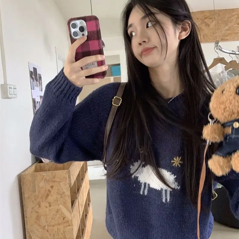 Sweet Knitted Sweaters Y2k Korean Kawaii Cartoon Sheep Sueter Mujer Women Pullovers Preppy Style Long Sleeve