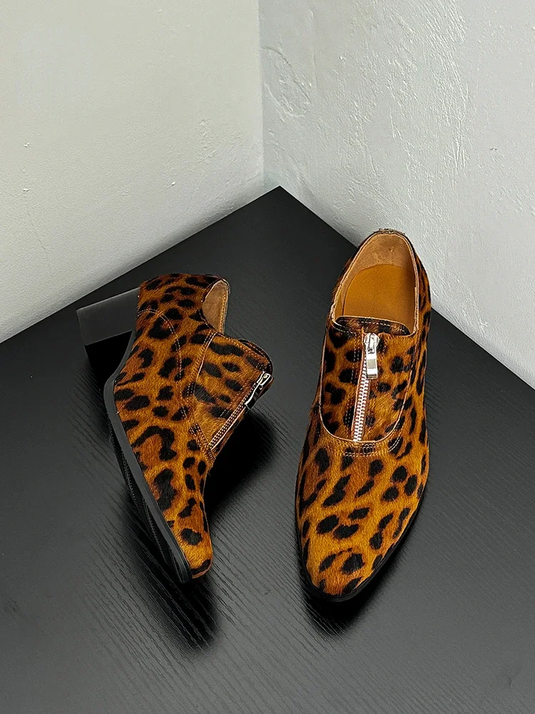 Spring and Autumn New Men's Formal Shoes High Heels  Leopard Print Top Layer Cowhide Pointed Shoes