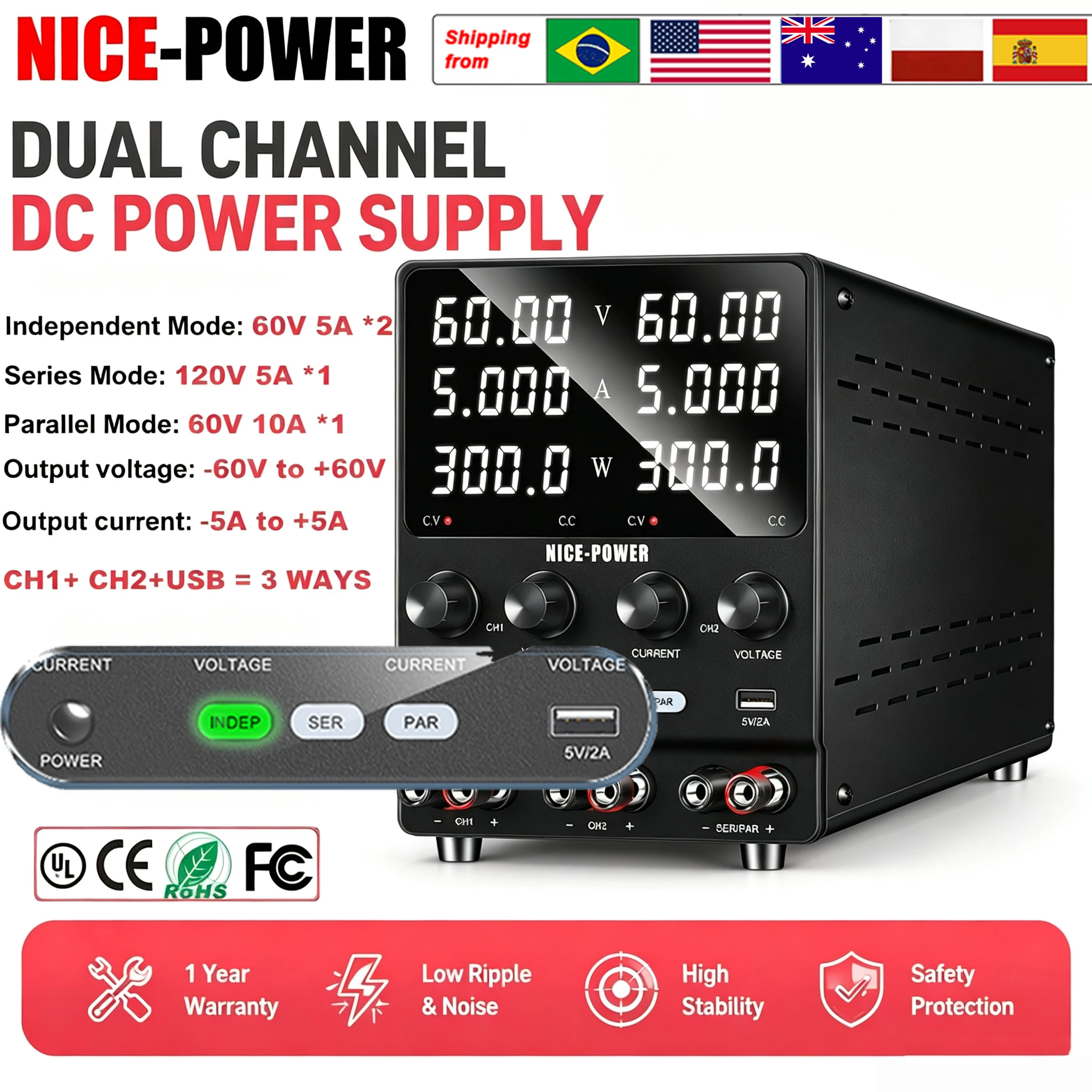 KUAIQU Einstellbares Labor‑Netzteil 30V 10A, Schaltnetzteil AC‑DC 30V 60V 5A Ein‑/Zweikanal 120V 3A für Reparatur und Prüfung