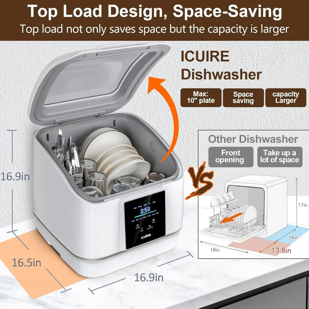 Portable Dishwasher Countertop，No Hookup Needed，7 Washing Programs, 360°Spray, Hot Air-Dry Function, Fruit & Vegetable Soaking