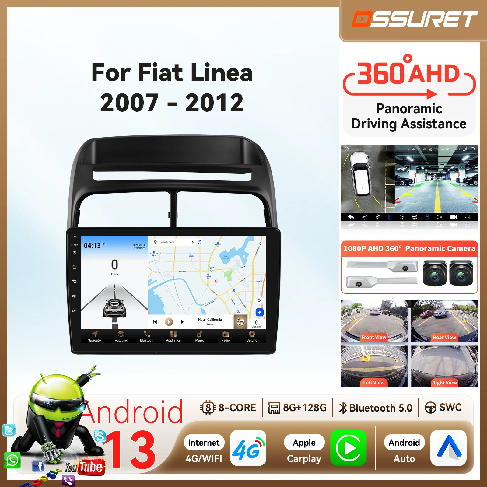 9 "AI Carplay Android 13 Auto radio de coche para Fiat Linea 2007 - 2012 reproductor de vídeo multimedia 4G 8Core Autoradio GPS BT RDS pantalla