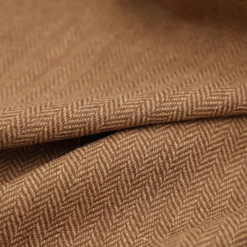 

High drape, high wool content, caramel brown, tan herringbone patterned wool fabric, suit, dress, jacket, diyfabric