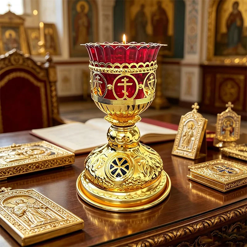 

New Ornate Gold Metal Orthodox Vigil Lamp Red Glass Standing Candle Holder for Home Altar Church Decor Christian Religious Gift