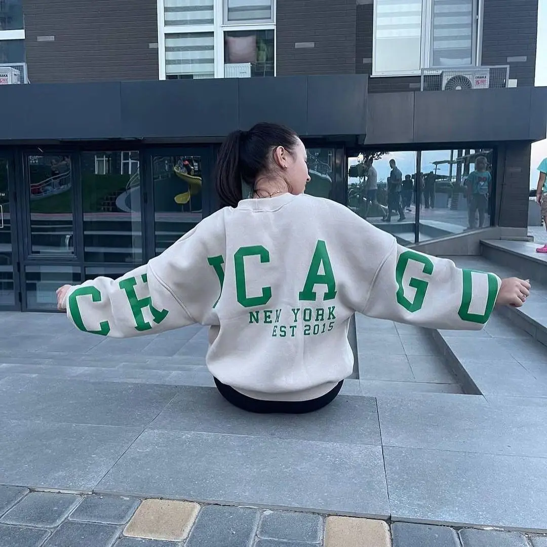 Women's Y2K Loose Pullover Sweatshirts Letter Print Casual Thickened Long Sleeve Tops Autumn Hoodie Streetwear