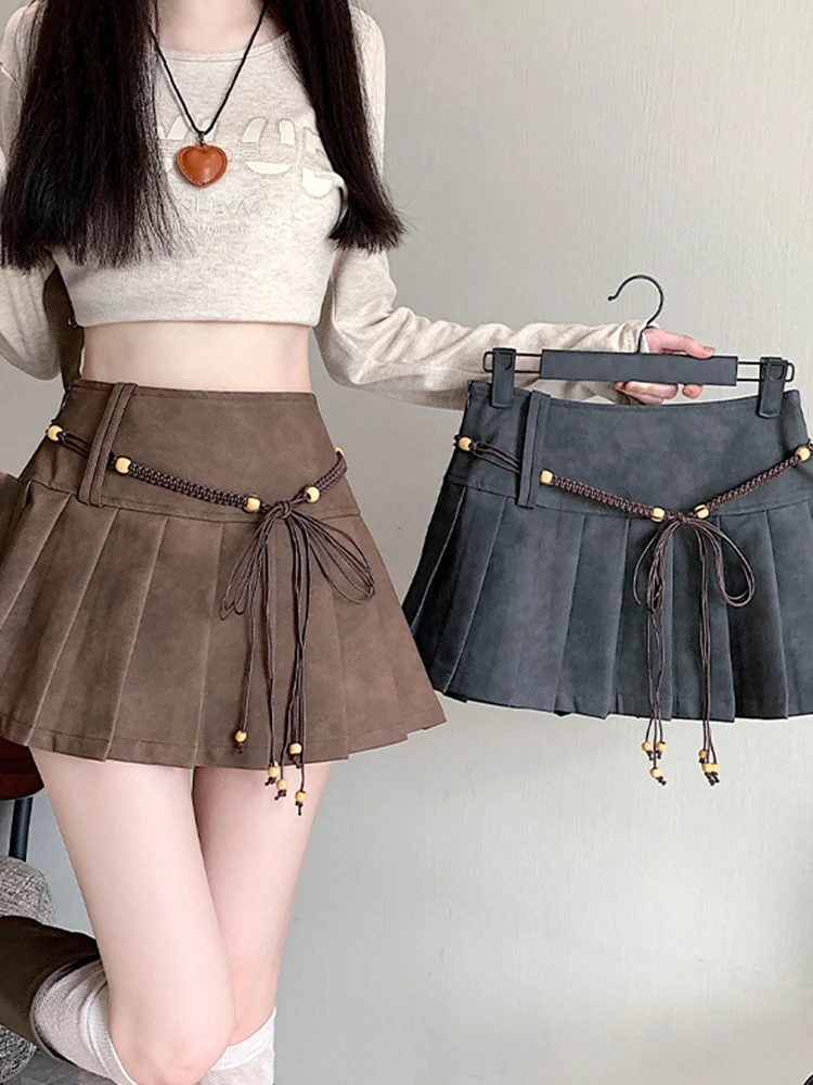 조키 푸 섹시 플리츠 스커트 여성 하이웨이스트 빈티지 미니 A라인 스커트 가을 겨울 캐주얼 프레피 스타일 여성 스위트 레트로 스커트