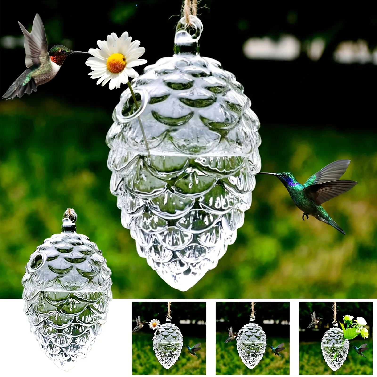 Alimentador de colibrí de vidrio, bebedero para pájaros en forma de cono de pino de vidrio soplado a mano, contenedor de comida colgante para exteriores, jardín y patio trasero, 1 ud.