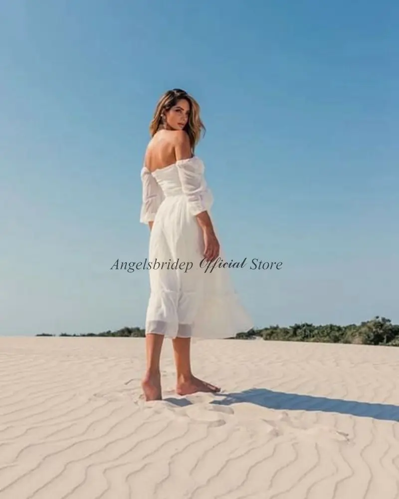 Angelsbrief sem alças fora do ombro praia na altura do joelho vestidos de casamento destacável sleeveschiffon vestidos de noiva de mairee