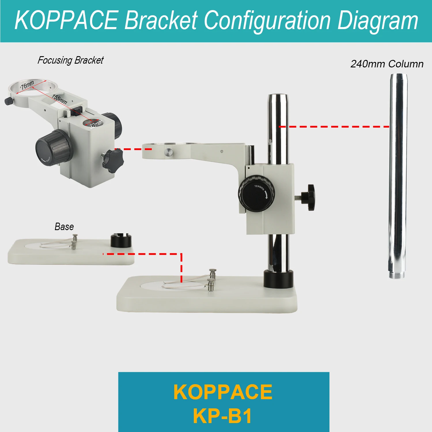 KOPPACE Soporte para microscopio Longitud de la columna 240 mm Diámetro 32 mm Tamaño de la placa base 200 x 255 mm