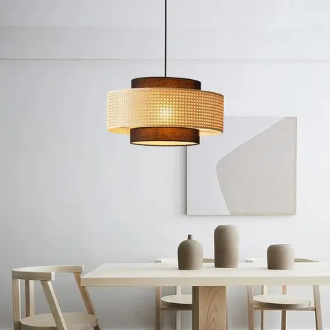 Rattan Pendant Light Double Layer Cylinder Woven Shade Hanging Lamp Adjustable Wire Dining Bedroom Cafe Ceiling Lamp