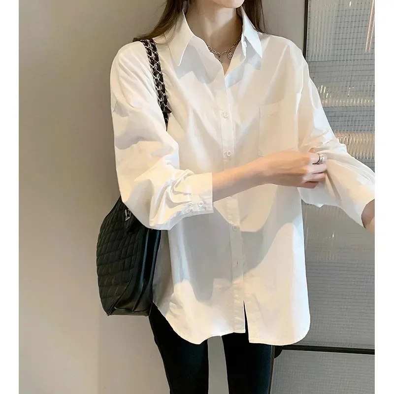 Korean Simple Shirts White Blouse Ladies\' 2024 Autumn\'s New Long-sleeved Casual Office Lady Shirt Loose Women Clothes Top