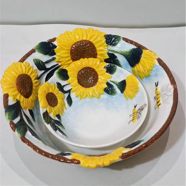 Retro style Ceramic Sunflower Sunflower Plate Set Home Decorative Bowl Hand Painted Relief High Temperature Resistant