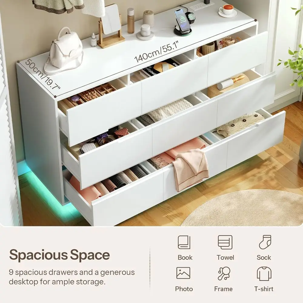 55 White Dresser with Charging Station, LED Light, and Organizer for Bedroom, Living Room, Hallway