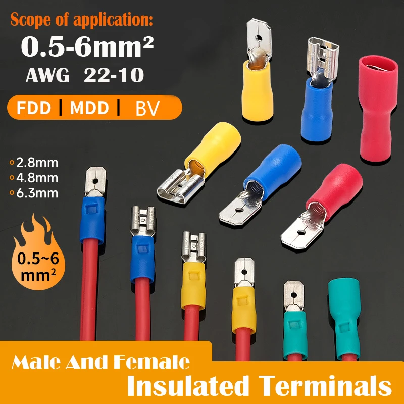 Male Female Insulated Plugs 2.8/4.8/6.3 mm 1/4 inch 20-16/16-14/12-10 AWG Electrical Quick Disconnect Wire Connector Terminal