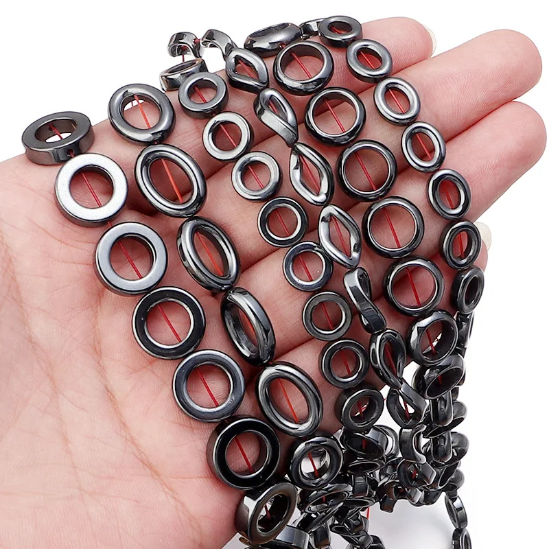 

1 Strand Hematite Beads Natural Stone Loose Beads Double Hole Donut Ring Shape Black Gallstone For Jewelry Making Diy Bracelet