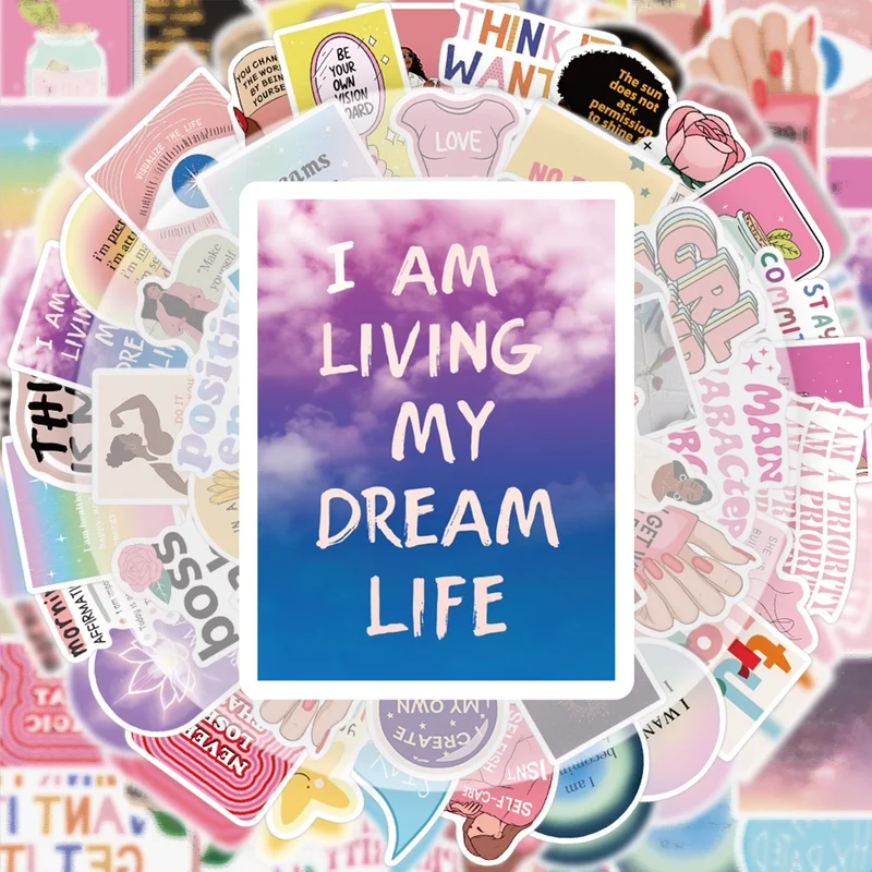 52 naklejki na vision board, żywe naklejki i kalkomanie, wiele stylów bez powtórzeń, odpowiednie na butelki z wodą, laptopy, walizki, deskorolki, gitary, dekoracje na przyjęcia