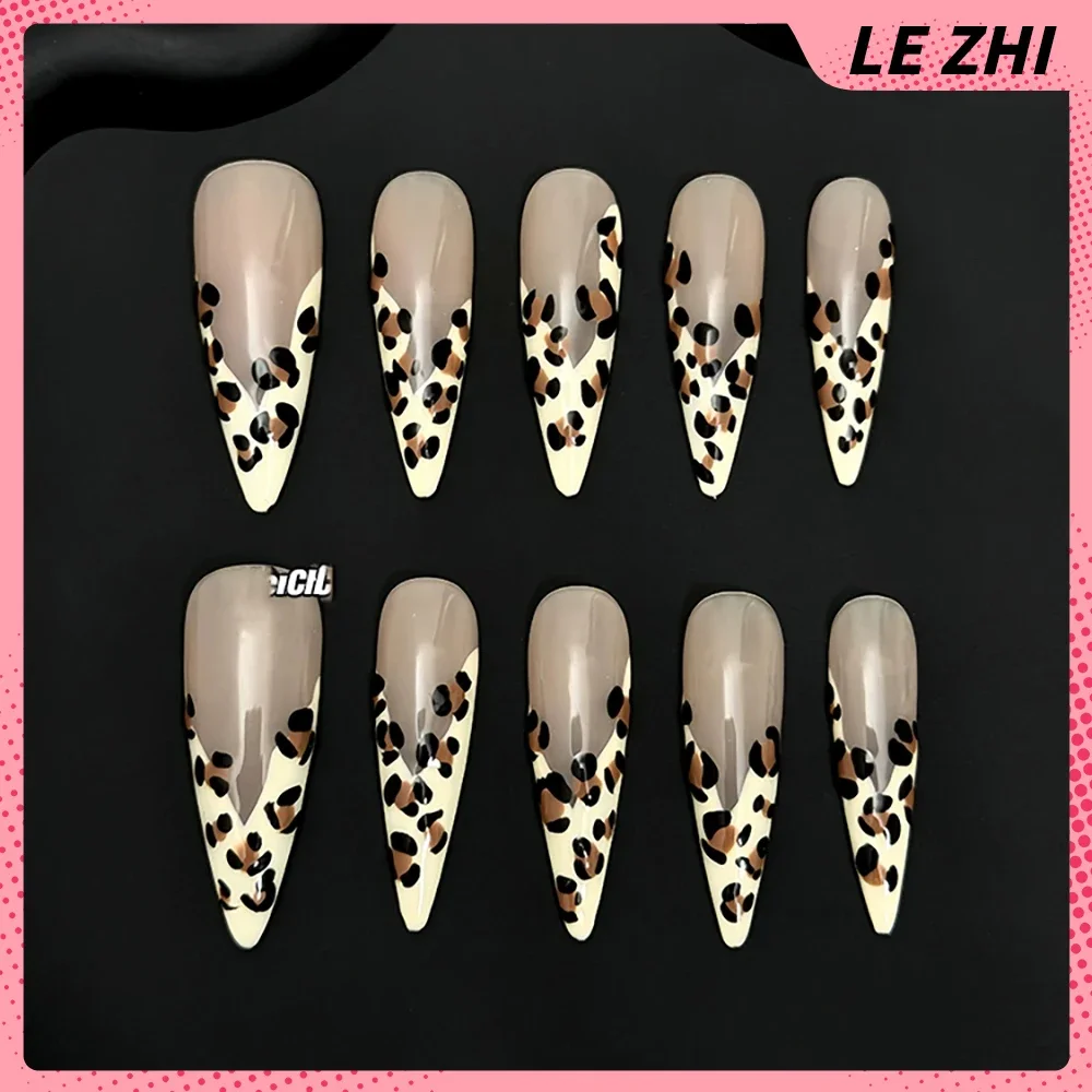10Pcs Handmade Long Coffin Leopard Print Press On Nails Heavy Industry Y2K Pearl Steel Ball Diamond Flowers Wearable False Nail