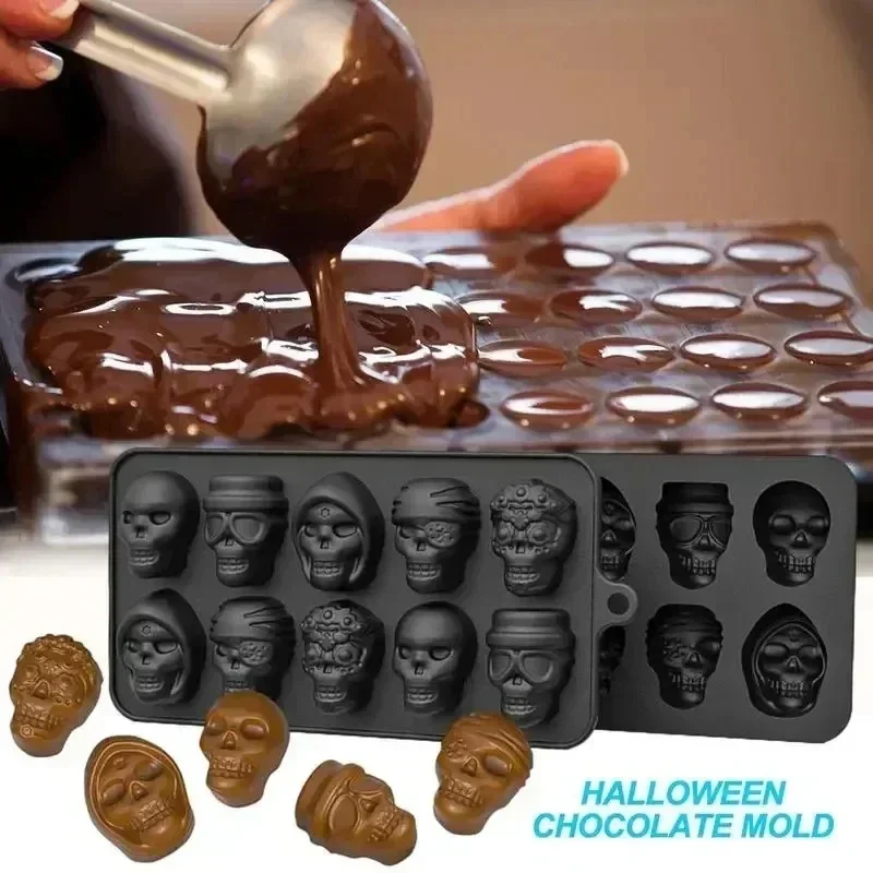 10-Cavity Pirate Skull Silicone Mold Halloween Fondant Cake Decor Baking Mold Reusable DIY Mold For Chocolate Jelly Candy Ice