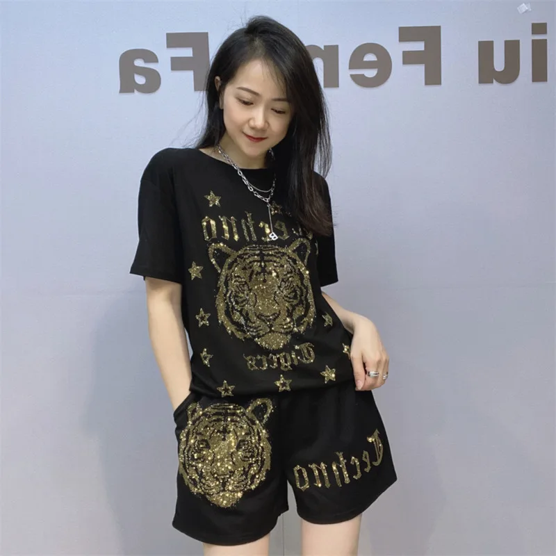 # Sommerliches schwarzes Shorts- und Top-Set für Damen, Diamanten, lockerer Streetwear-Zweiteiler, Kurzarm, Cartoon-Diamanten-Shorts-Set