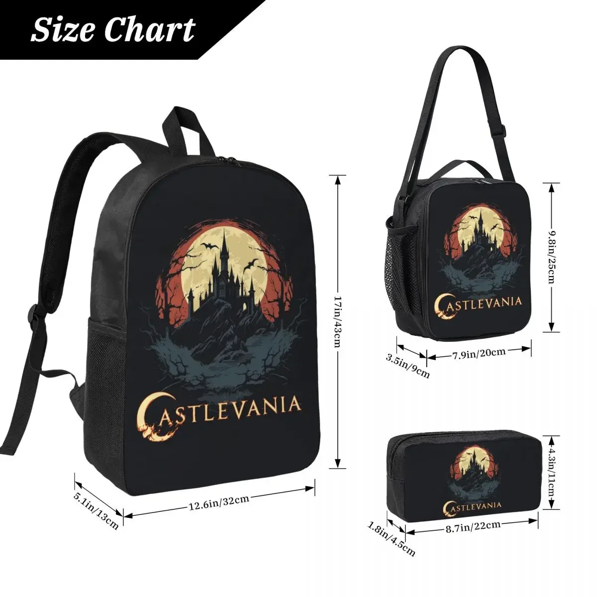 Castle Of Darkness Castlevania Backpack Boys Girls BookBag School Bag Computer Shoulder Bags 3ps Insulated Lunch Bag Pencil Case