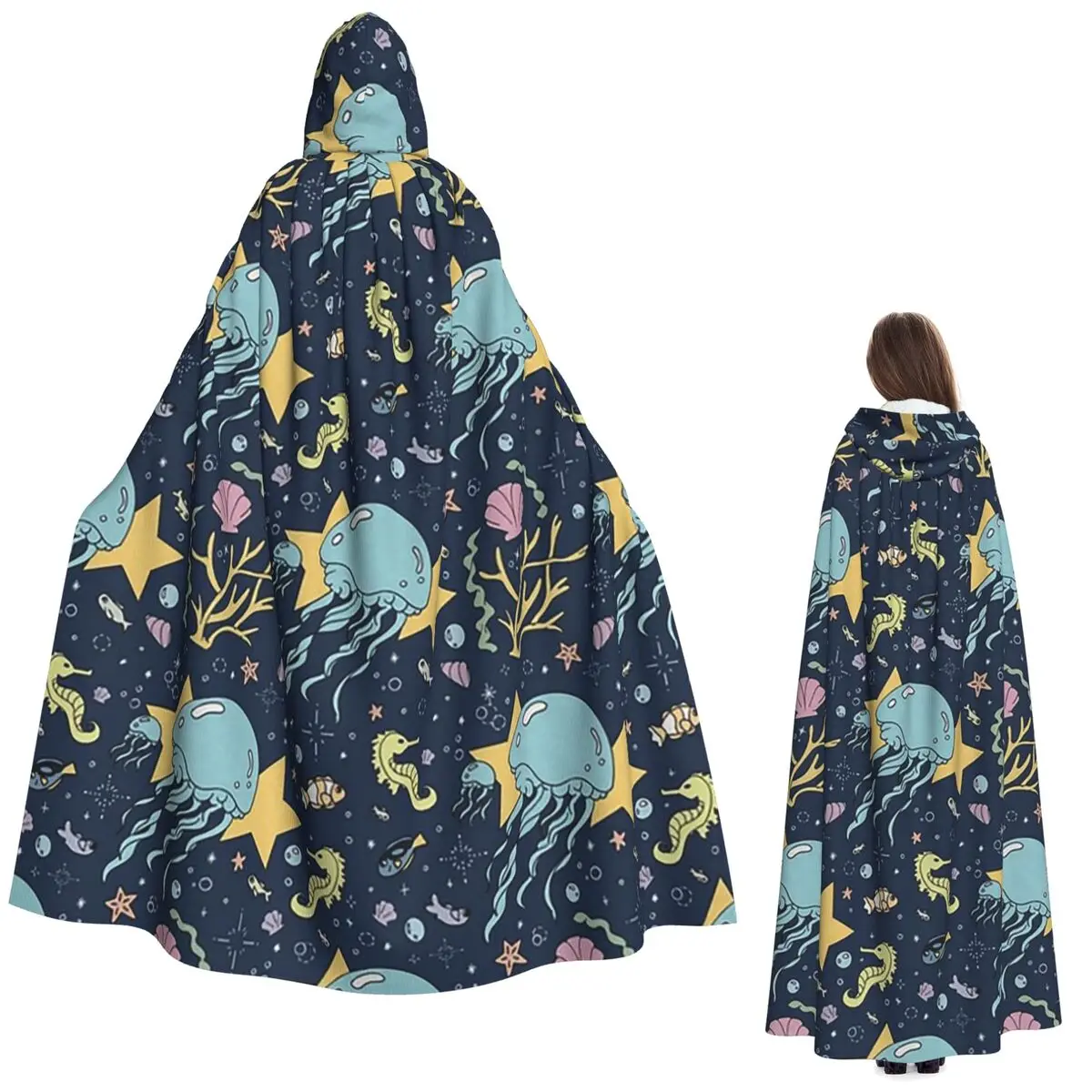 Jellyfish Pattern  Long Hooded Cloak Witch Medieval Costume Cosplay Cape HalloweenCoat Adult Unisex