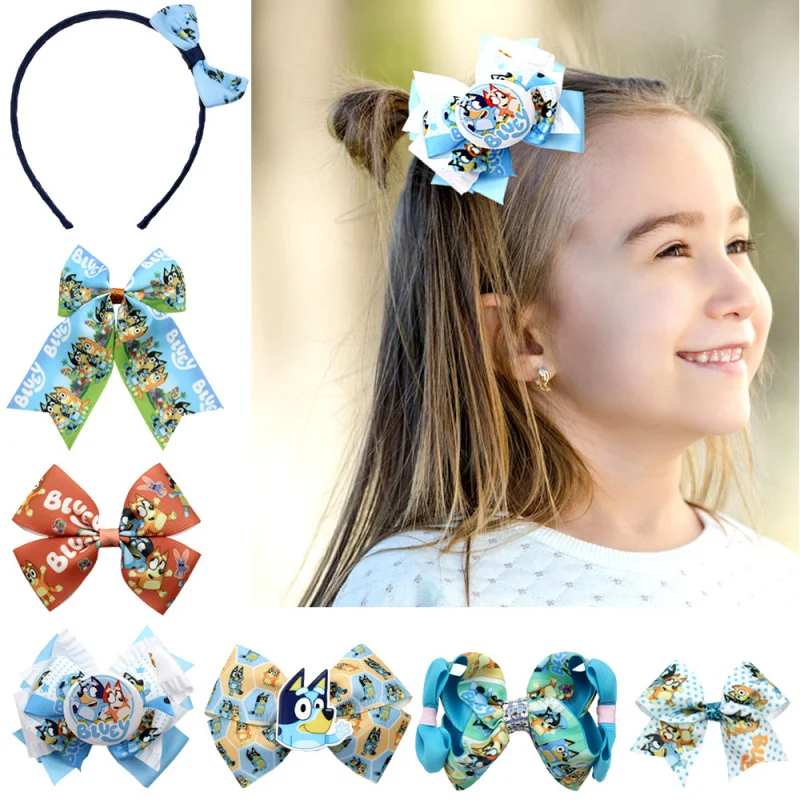 

Bluey Thread Fabric Bowknot Hair Clip Handmade Blue Dog Print Hot Sale Exquisite Shiny Hair Accessory Hairband For Girls Kids