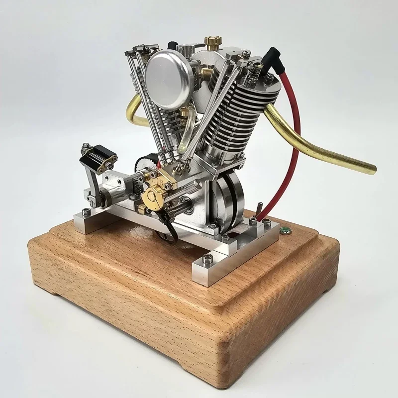 MUSA V2 Mini Gasoline Engine Model Kit Can Start Metal Stainless Steel 2 Cylinders 4 Stroke Engine with Wooden Base