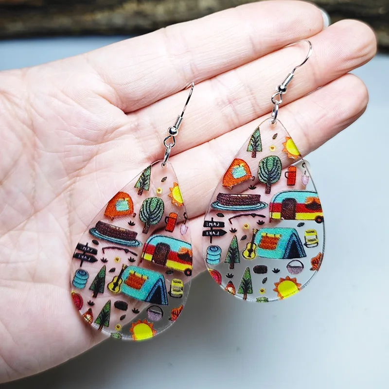 New Summer Camp Music Party Earrings Camping Bonfire Party Theme Earrings Double sided Transparent Acrylic Earrings Decorative