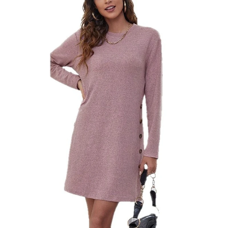 2025年秋 ヴィンテージ エレガント 無地 カジュアル ルーズ Aライン ミディ丈ワンピース レディースファッション ショート丈 女性用ドレス