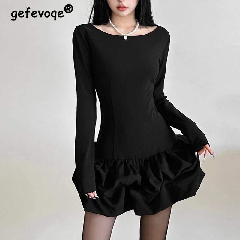 Women Korean Fashion Ruffle Sexy Bodycon Basic Dresses Y2K Black White Female O Neck Long Sleeve Club Fairy Mini Dress Vestidos