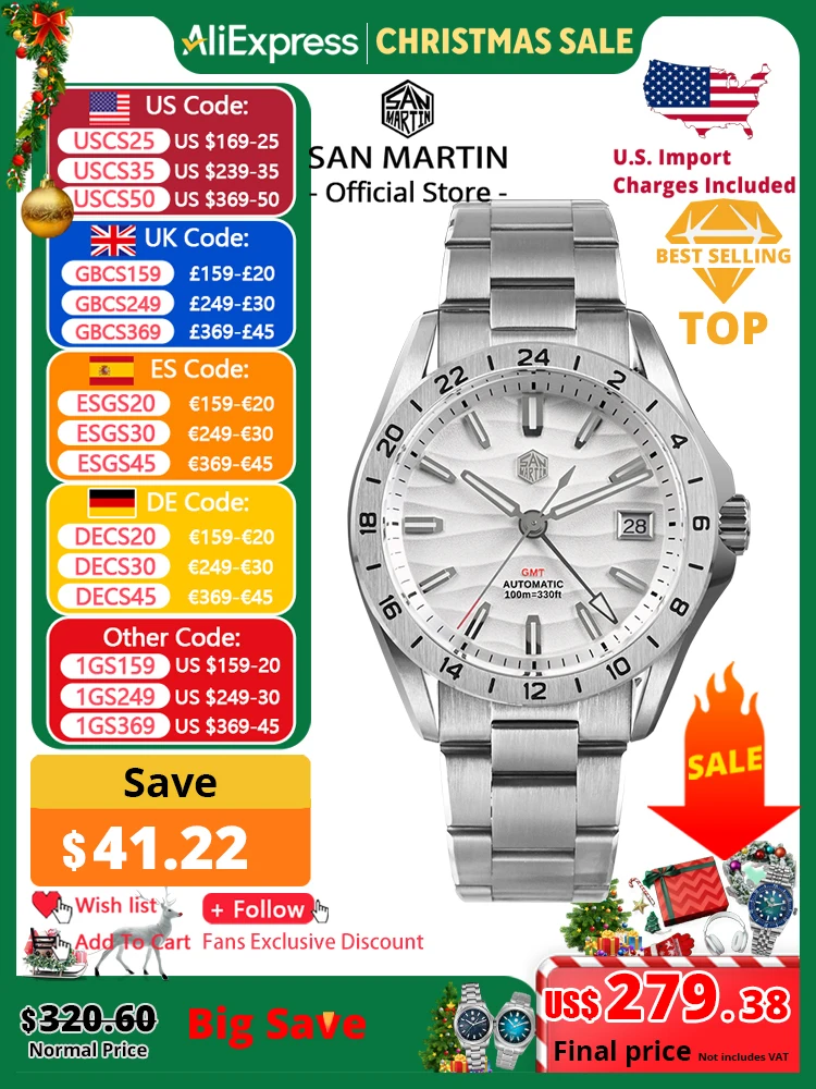 San martin novo 39mm textura do deserto luxo masculino vestido de negócios gmt relógio nh34 mecânico automático à prova dwaterproof água 100m luminoso sn0129