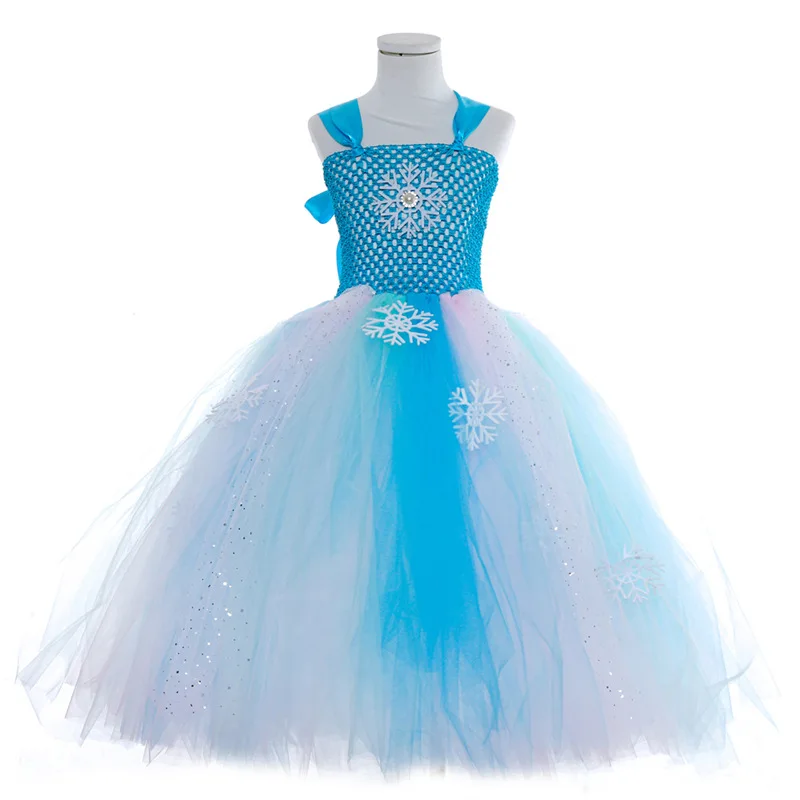 

2022 New Elsa Princess Girls Dresses for Cosplay Party Snowflake Blue Cartoon Cosplay Kids Halloween Photograph Costumes