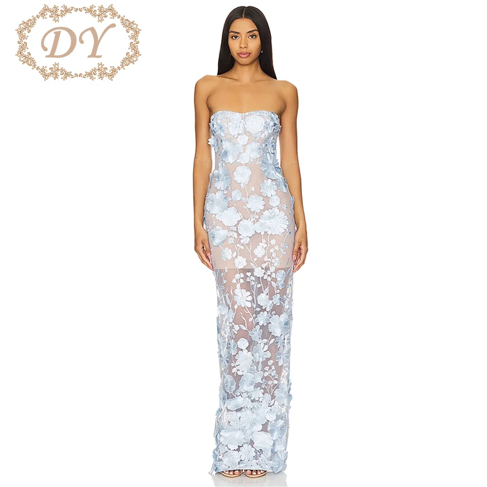 

DY Elegant Lace 3D Flower Decoration Prom Party Dress Slim Fit Sexy Strapless Evening Gown Lady Dinner Gown Customized