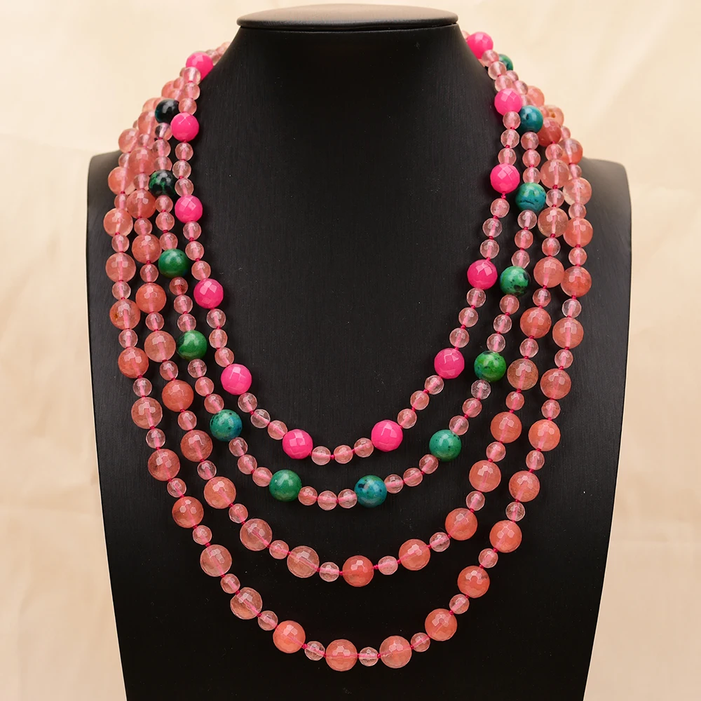 APDGG A82 Handmade 4 Rows Natural Mix Stone Red Quartz Rose Jade Multi Strands Necklace