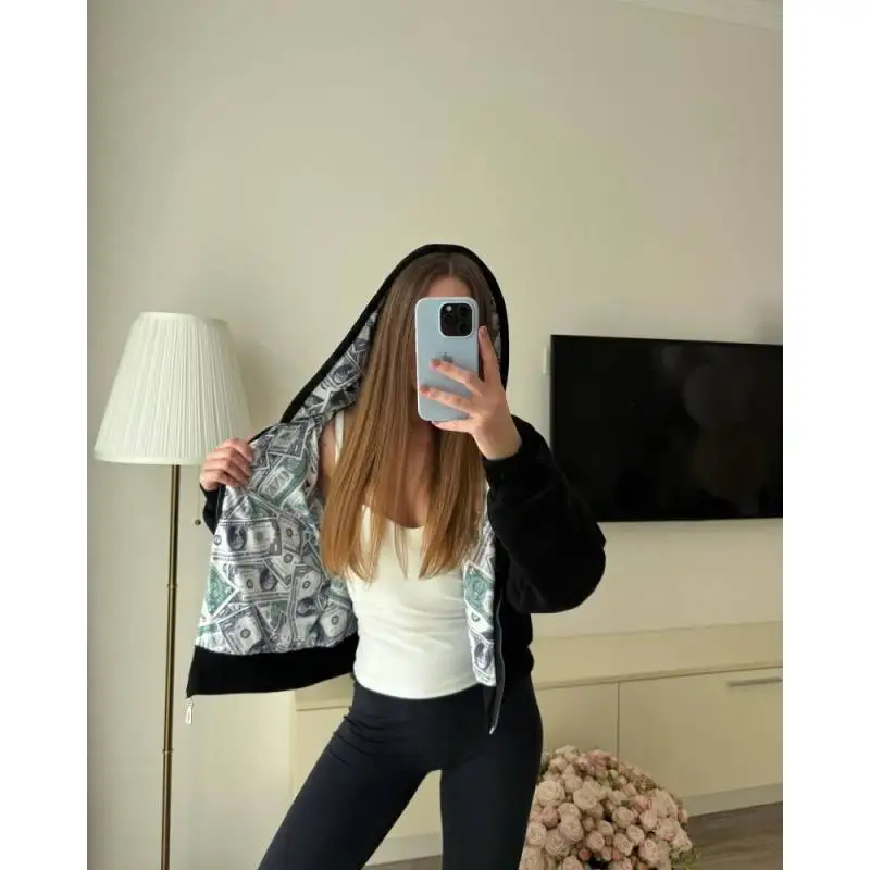 

Dollar Print Lined Hoodie Women's 2025 Trendy White Oversized Zip-Up Sweatshirt Street Fashion Casual Top